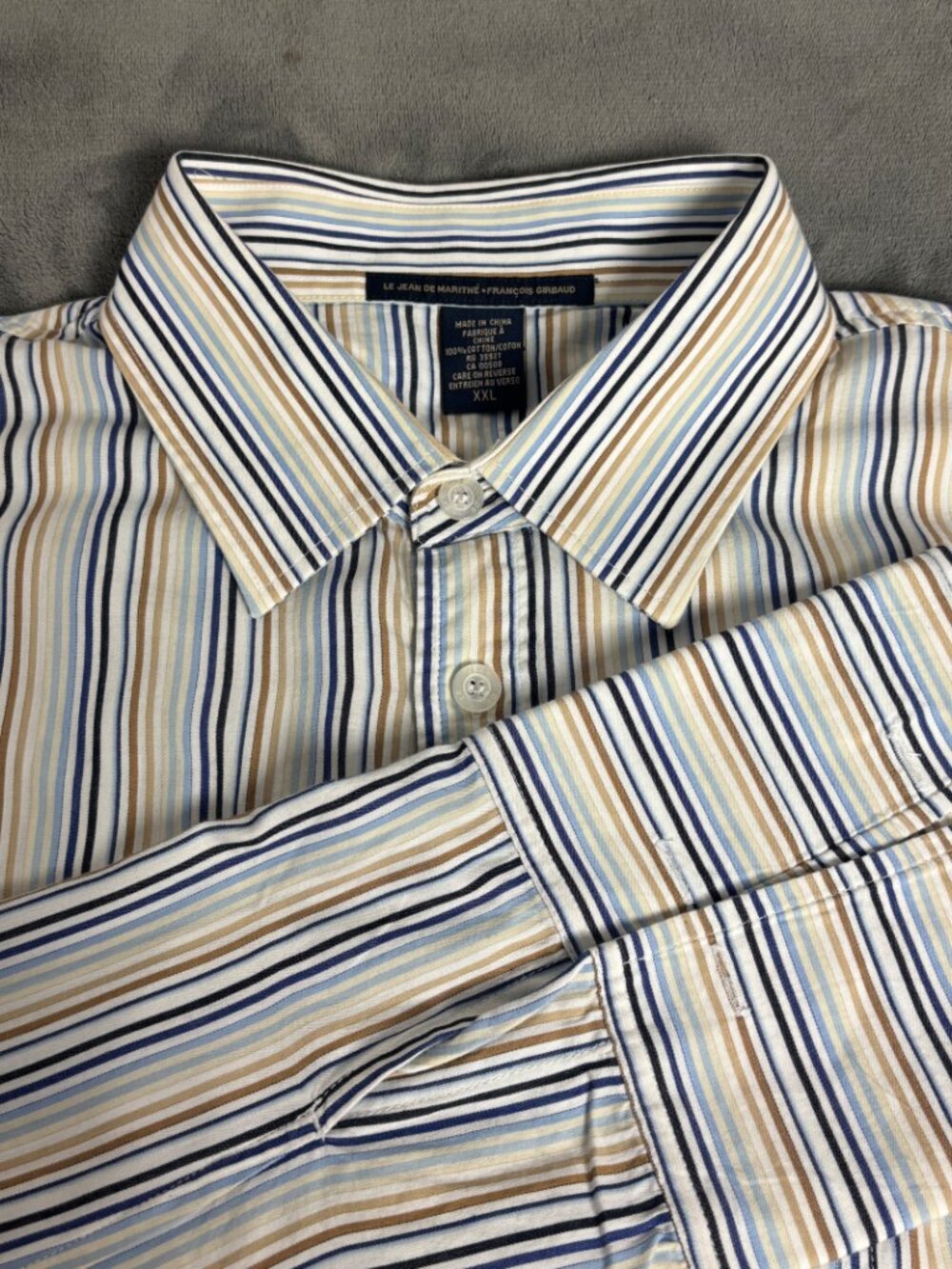 Marithe Francois Girbaud Mens XXL Striped Shirt Logo Cuff Y2K 2000s Retro Preppy